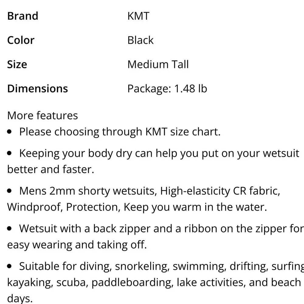 KMT Wetsuit Shorty Mens Medium Tall Black Excellent 2mm Back Zip High-Elasticity